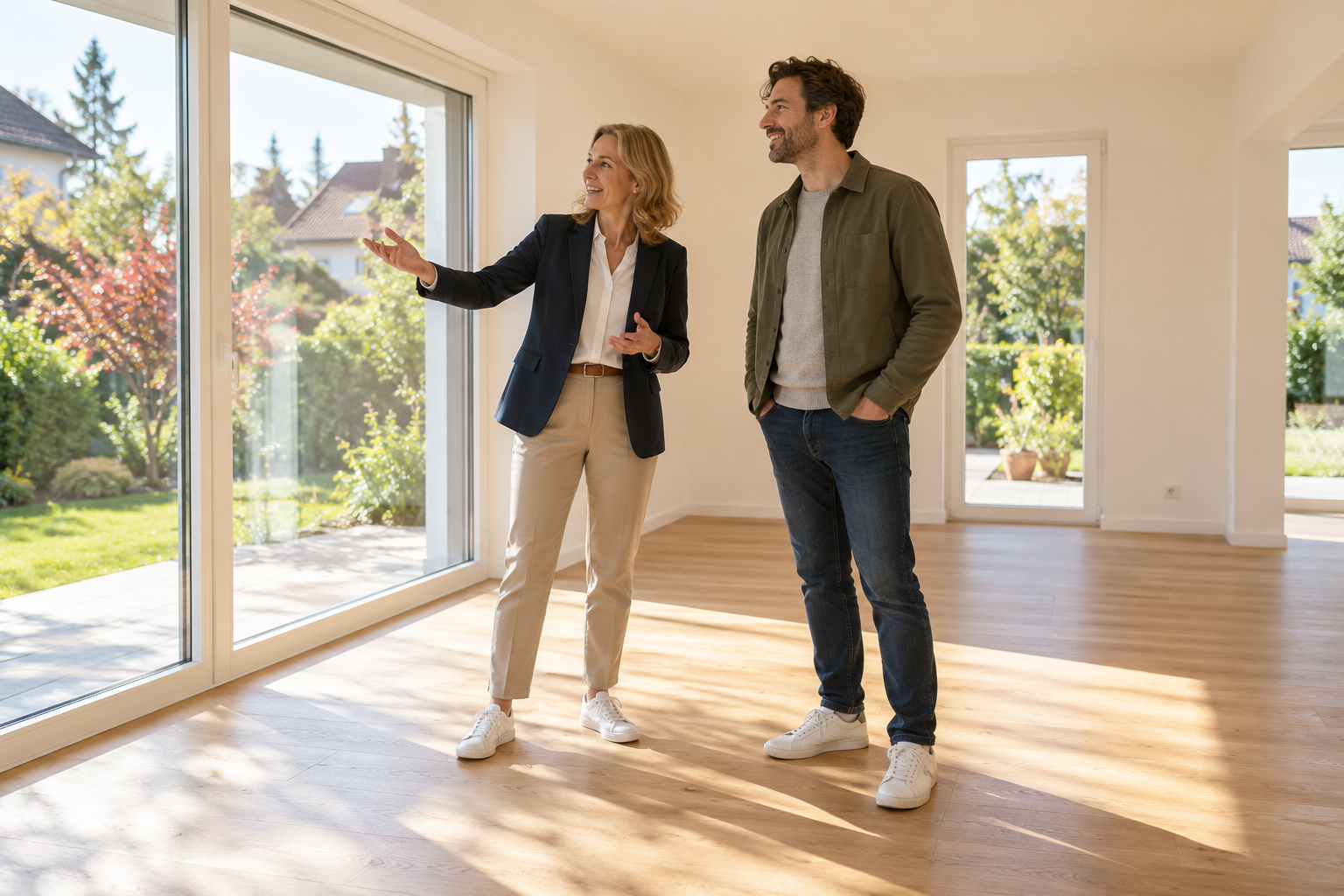 Immobilienberaterin und Kaufinteressent bei einer Wohnungsbesichtigung