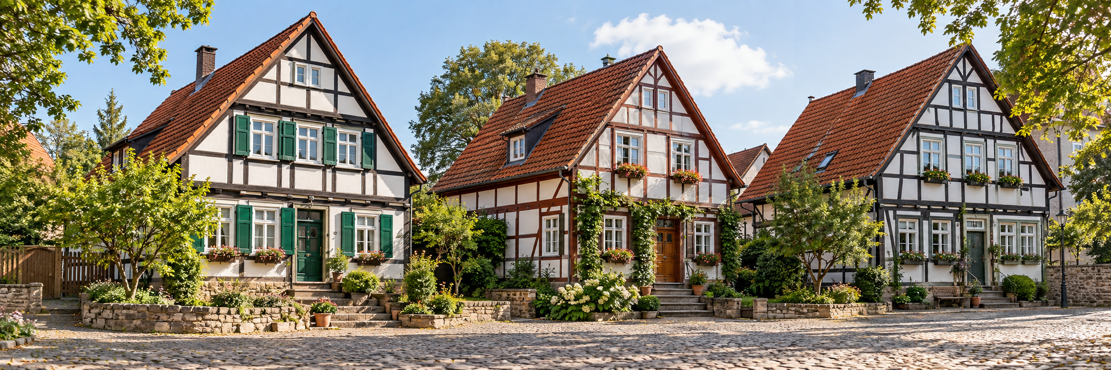 Fachwerkhäuser an einer deutschen Wohnstraße