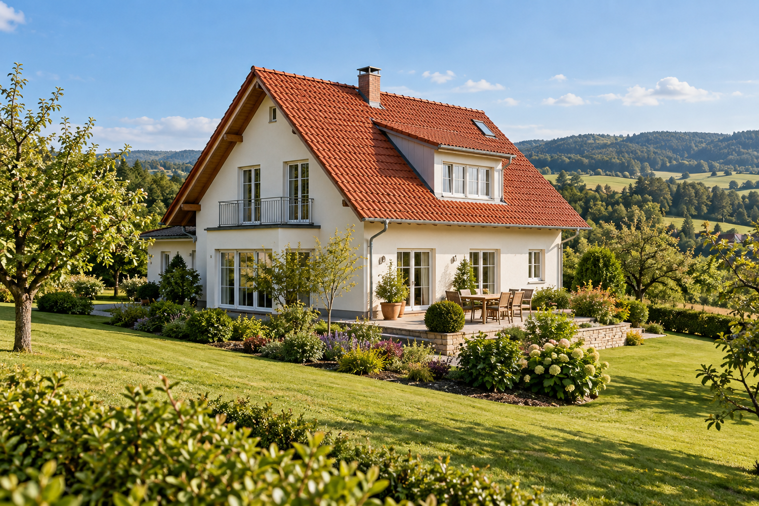 Wohnhaus in grüner hügeliger Landschaft