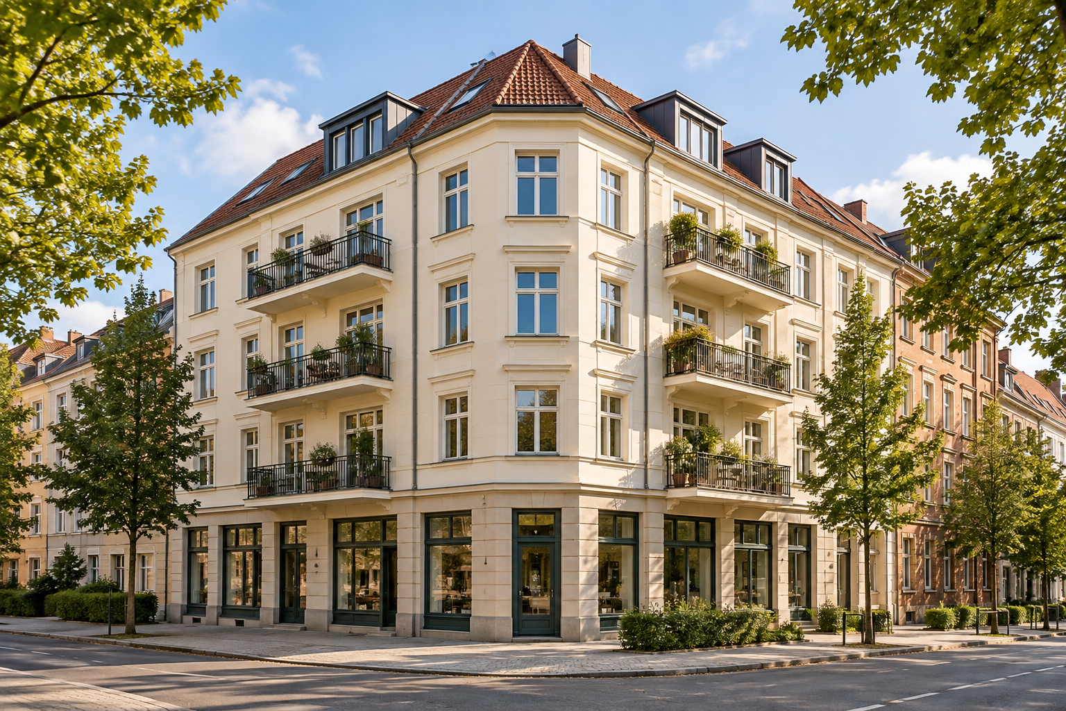 Mehrfamilienhaus mit Balkonen und Geschäftsräumen